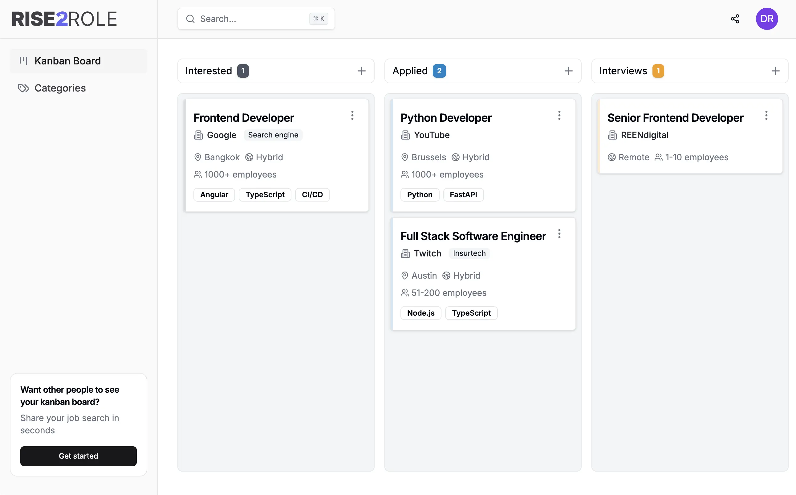 A screenshot of the kanban board visible in the Rise2Role dashboard